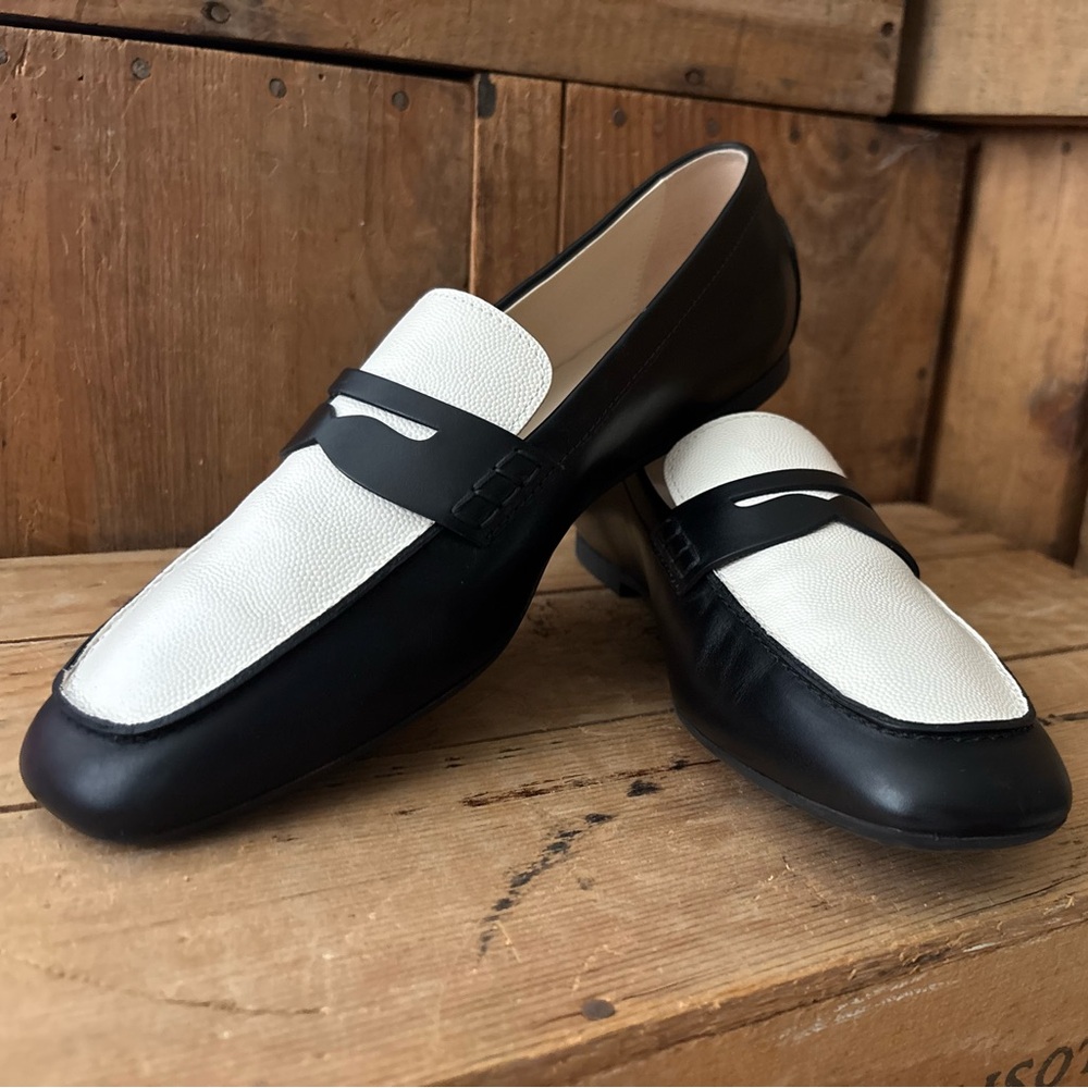 TOD’s Women’s Black and White Leather Penny Loafers, Tuxedo